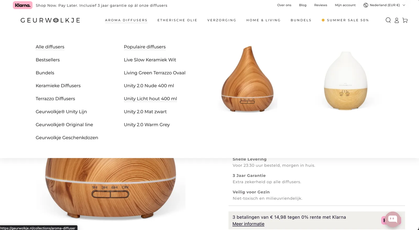 Custom megamenu on Geurwolkje, with collection groups, popular products, and product imagery