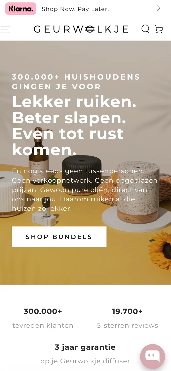 Geurwolkje homepage on mobile, with social proof and guarantee blocks below the hero