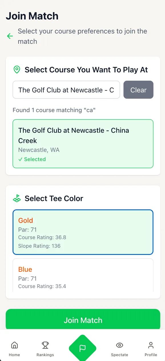 Joining a match: search for a course, then pick a tee with its par, course rating and slope rating.