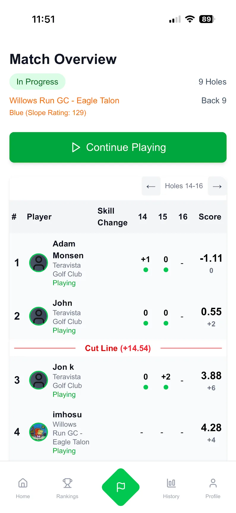 A live match in progress at Willows Run, with four golfers' scores updating hole by hole.