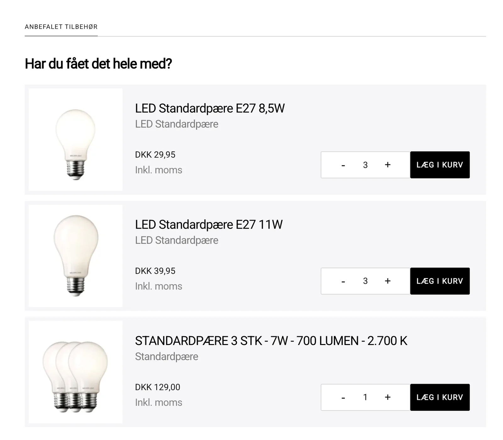Recommended accessories section on a Nielsen Light product page, offering LED bulbs with quantity selectors