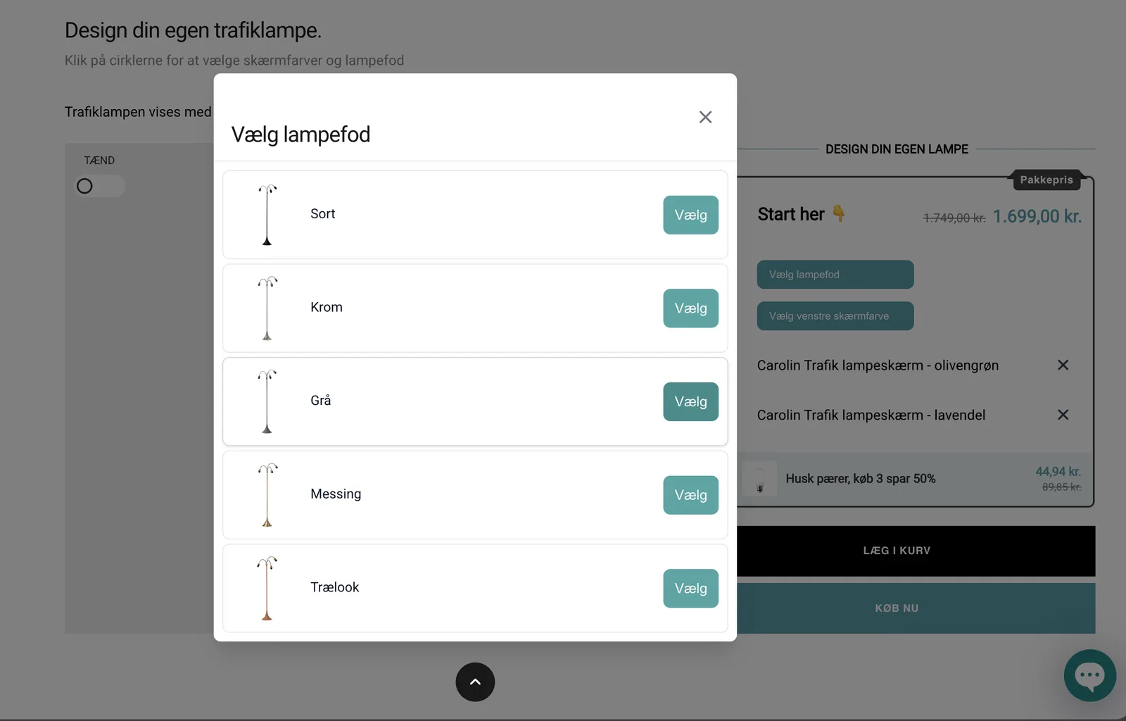 Lamp base selection modal inside the Lamp Picker, offering black, chrome, grey, brass, and wood-look finishes