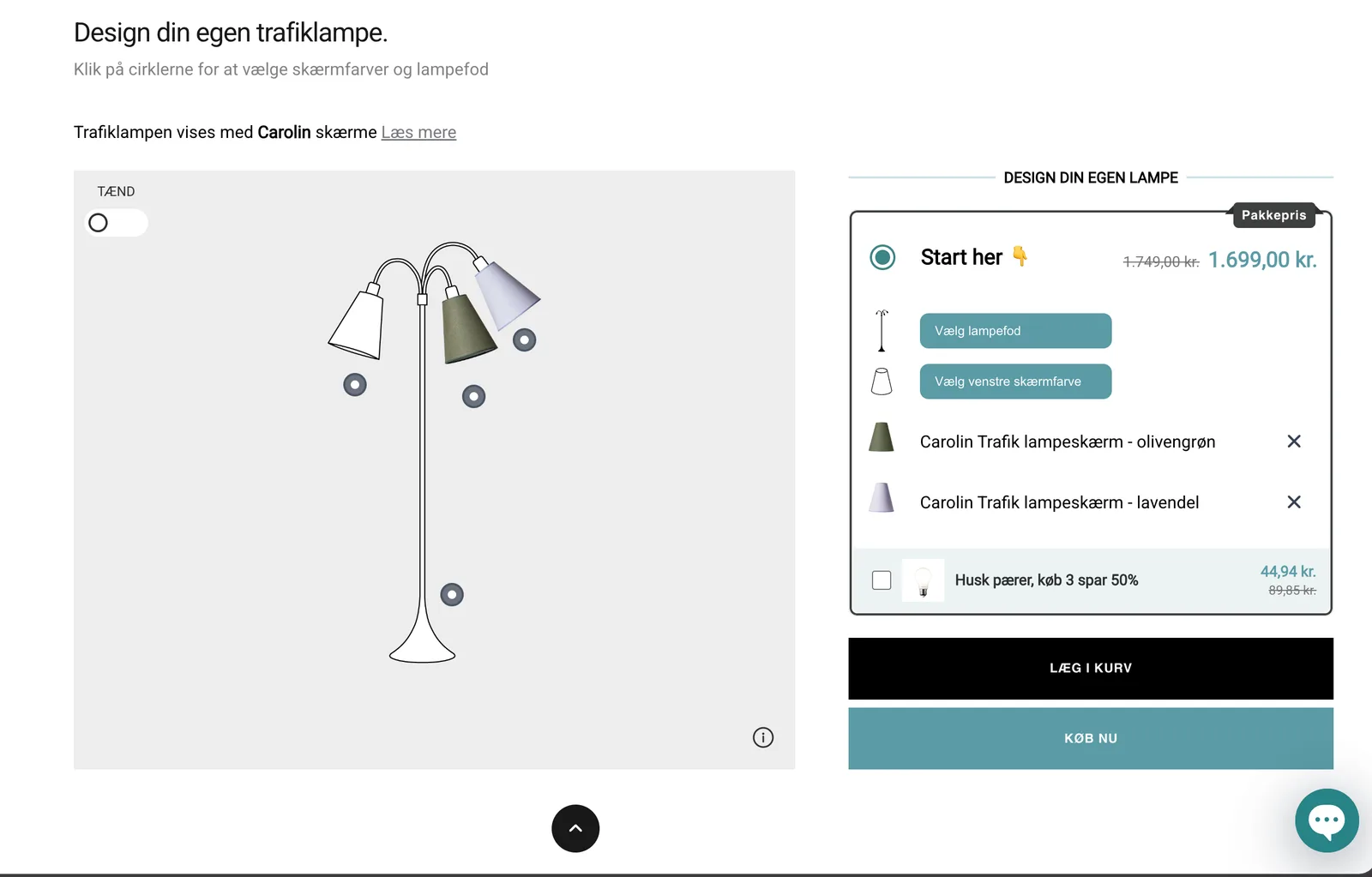 Nielsen Light Lamp Picker, showing a configurable traffic lamp alongside the live build panel and bundle price